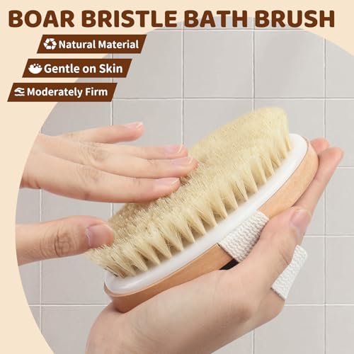 SAMEBUTECO 4 Pack Dry Body Brushing Brushes, Natural Bristle Exfoliating Scrub Brushes with Massage Nodes for Lymphatic Drainage, Skin Firming, Acne Treatment, and Cellulite Reduction