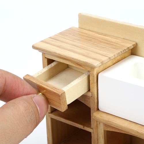 Dollhouse Sink 1/12 Scale Miniature Furniture Bathroom Mini Kitchen Sink with Cabinet Set Dolls House Wooden Accessory Doll Farmhouse Accessories