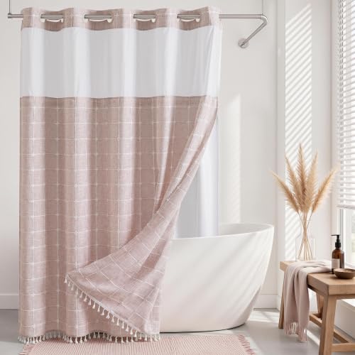 River Dream Farmhouse Pink Shower Curtain with Snap-in Liner, No Hooks Shower Curtain Set, with Tassels for Bathroom Decor,Shower Curtain and Liner with Sheer Window 71x74 Inch - color: Pink, size: 71"W x 74"L (Pack of 1)