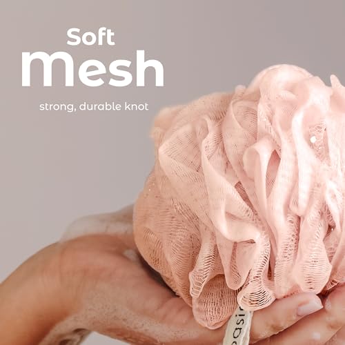 MainBasics Shower Loofah Sponge Pouf, Set of 3, Earthy Love | Soft Mesh Body Scrubber and Bath Sponge for Gentle Exfoliation, Rich Lather, and Everyday Shower Use - style: Earthy Love