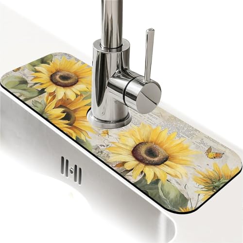 Faucet Fast Absorbent Pad - Vintage Stly Sunflower And Butterfly , Suitable For Kitchen, Bathroom, Island And Other Scenes - color: Vintage stly Sunflower and Butterfly