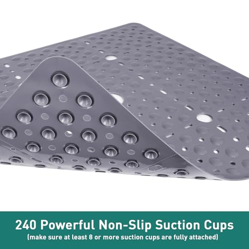 Large Square Shower Mat 27 x 27 Inch Gray, Non Slip Shower Bathtub Mats for Inside Shower with Big Suction Cups Drain Holes, Anti Slip Bathroom Floor Shower Stall Mats, Easy Clean, BPA-Free - color: Grey