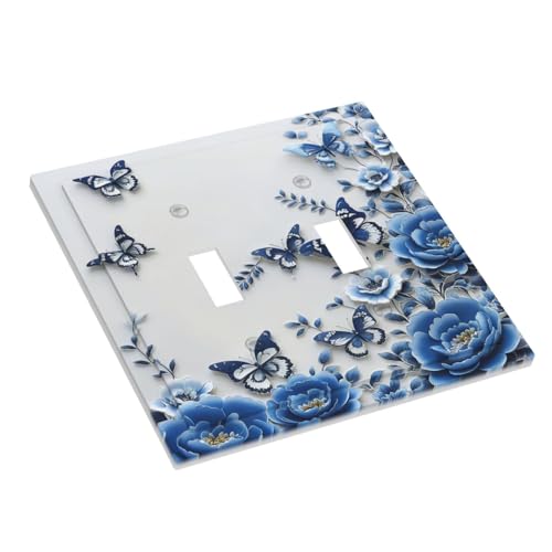 Light Switch Cover Plate Blue Peony Flowers Butterfly Vintage Floral 2 Gang Double Toggle Decorative Switch Plates Wall Plates Electrical Faceplate for Bathroom Bedroom Decor - color: Blue Peony Flowers Butterfly Vintage Floral, size: 2 Gang Double Toggle
