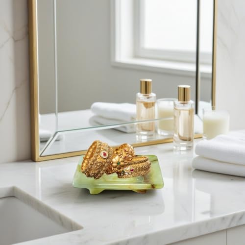 Luxury Handmade Green Calcite Crystal Soap Dish Holder with Drain for Bathroom and Shower, Best Bath Products & Sponge Tray for Kitchen & Housewarming Gifts. - color: Green Calcite