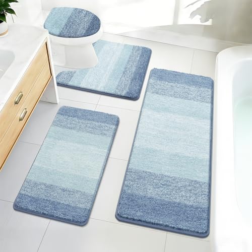 Bsmathom Bathroom Rug Set Bath Rugs Microfiber Non Slip Bathroom Set 4 Piece with Toilet Cover, Washable Absorbent Bath Mat, Dusty Blue - color: Dusty Blue, size: 18"x26"+18"x48"+U20"x24"+Cover19"x21"