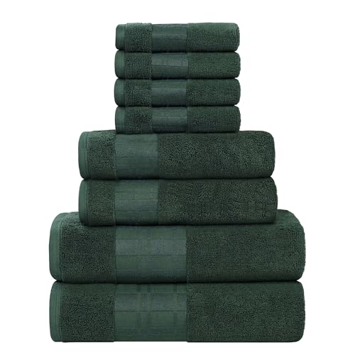 Superior 8-Piece Cotton Towel Set, Geometric Design, Dobby Border, Plush Quick Dry Towels, Decorative Bathroom, Spa, Includes 2 Bath, 2 Hand, 4 Face Towels/Washcloth, Larissa Collection, Forest Green - color: Forest Green, size: 8 Piece Towel Set