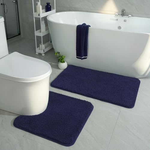 HOMORE Bathroom Rug Set 2 Piece,Soft Absorbent Bath Mats Set,Machine Washable Navy Blue Bath Rug Sets for Bathroom Non Slip,(21"x34"+21"x21") Plush Shaggy U Shape Contour Toilet - color: Navy Blue