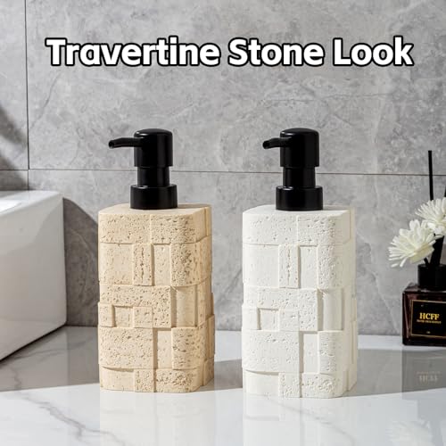 Soap Dispensers 13.5 OZ, 2 PCS Travertine Stone Look, White | Luxurious, Modern, Hand Dish Lotion Shampoo Soap Dispenser Jar with Pump Bottles for Kitchen Sink Bathroom Countertop - color: White