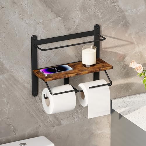 Homeiju Double Toilet Paper Holder with Shelf, Wooden Wall-Mounted Toilet Paper Roll Holder, Wall-Mounted Bathroom Organizer, Double Roll, Suitable for Bathrooms (Rustic Brown) - color: Rustic Brown