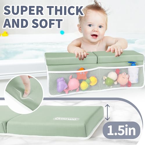 URMYWO Bath Kneeler and Elbow Rest Pad Set - 1.5" Thick Baby Bath Kneeler Pads with Toys Organizer, Anti-Slip Cozy Knee & Arm Support Bathtub Mat, Quick Dry Kneeling Pad for Baby Bath Time - color: Green