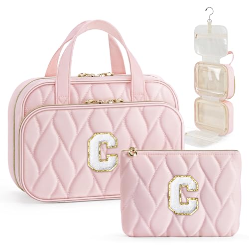 YOOLIFE Personalized Birthday Gifts for Women Teen Girls - Hanging Toiletry Bag Makeup Bag for Women Girls, Initial Toiletry Bag Makeup Bag Pink Letter C - color: Pink, style: C