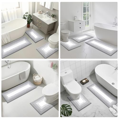 Bsmathom Bathroom Rugs Sets 3 Piece, Non-Slip Absorbent Bath Mats, Plush Shaggy Microfiber Bath Rug with U-Shaped Contour Toilet Mat Machine Washable, Light Grey - color: Light Grey, size: 18"x26"+18"x48"+U Shape 20"x24"