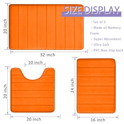 Orange Bathroom Rugs Extra Soft Memory Foam Bath Mat Sets 3 Piece Non Slip Absorbent & Dry Living Mat Sets Washable Bath Carpets with Toilet Rug,Bath Rugs for Bathroom,Tub,Shower,Kitchen,Bedroom - color: Tangerine