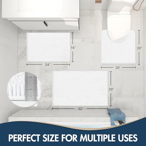 TREETONE Bathroom Rugs Sets, Thick Soft Absorbent 3 Piece Chenille Bath Rugs, Non-Slip, Dry Quickly, Machine Washable, Shaggy Mats with U-Shaped Toilet Rug for Bathroom Floor, Tub and Shower, White - color: White, size: 16"x24"+20"x32"+U Shape 20"x20"