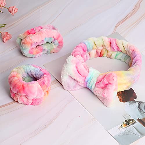 WSYUB Spa Headband and Wrist Bands, Makeup Headband and Wrist Towels for Washing Face, Fuzzy Bow Headbands, Soft Facial Head Bands, Shower Skincare Hair Sleepover Party Supplies - color: Pink