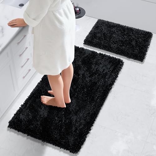 Yimobra Bathroom Rug Set 2 Piece, Luxury Shaggy Bath Mat Set with Non Slip Backing, Ultra Soft & Absorbent Mats for Bathroom Floor, Machine Washable, 44"x24"+24"x17", Black - color: Black, size: 24x17 + 44x24 Inch