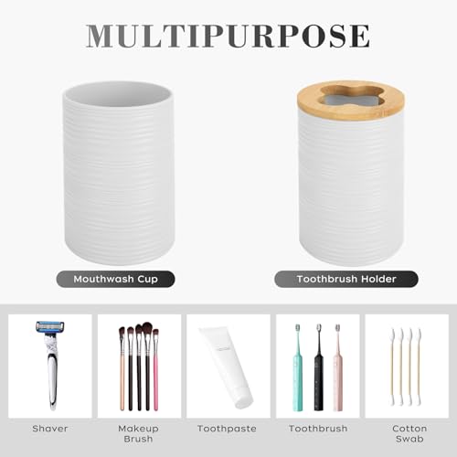 4 PCS White Bathroom Accessories Set, Includes a Soap Dispenser, Toothbrush Holder, Soap Dish and Mouthwash Cup, Plastics & Bamboo Bathroom Set, Bohemian Style Bathroom Sink Set - color: White, size: 4 PCS