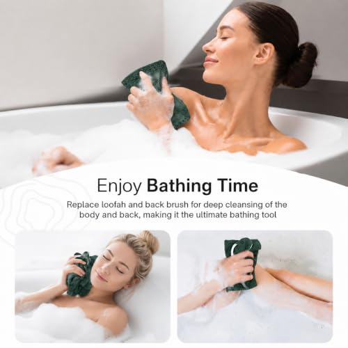 Yiclick Exfoliating Washcloth Towel with Handle, Back Scrubber for Shower, Exfoliating Body Scrubber Exfoliator, Japanese Wash Cloth for Body Scrub, Bath Sponge Loofah Luffa Washer Exfoliator - color: Darkgreen