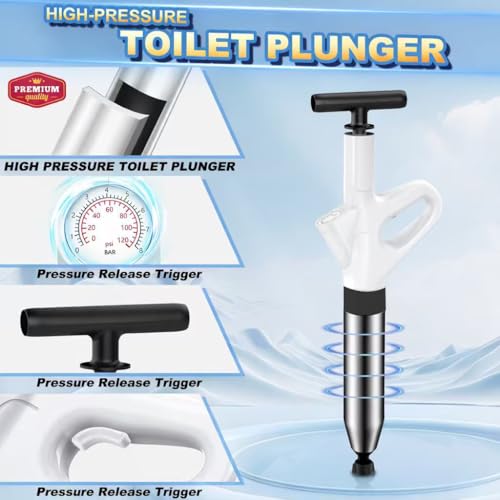 Toilet Plunger,High Pressure Toilet Plunger Heavy Duty,Toilet Auger Air Drain Blaster with Pressure Gauge,Toilet Unclogger for Bathroom and Plumbing Clogs - color: White