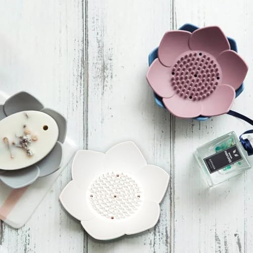 4 Pcs Lotus Flowers Soap Dish with Drain Silicone Holder Non-Slip Flexible Tray, Silicone Bar Soap Holder for Bathroom Shower
