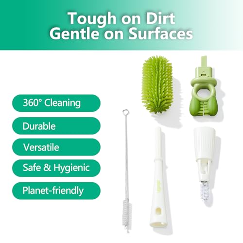 Detachable 5-in-1 Bottle Cleaning Brush Set - Silicone Baby Bottle Brush Cleaner Kit with Nipple Brush, Detail Brush & Straw Brush, Portable Long Handle Bottles Scrubber Cleaning Tool
