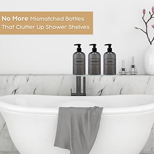 16 oz Plastic Shampoo Conditioner Wash Pump Dispensers (Gray) | lotion pumps, refillable, reusable, high-viscosity, bottle set, shower bottles - color: Gray