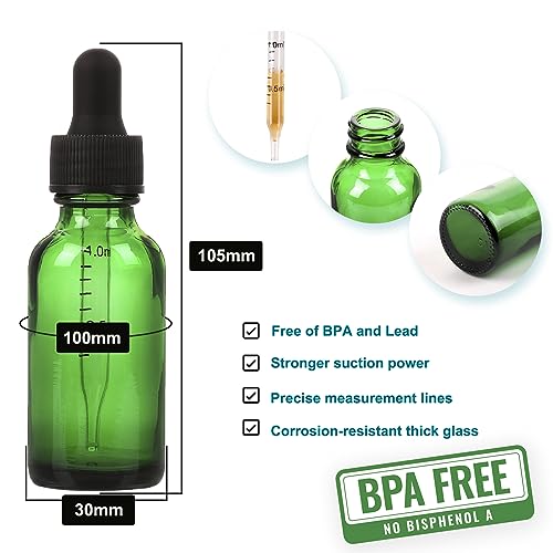 NOOEEISS 24 Pack,1oz Glass Dropper Bottle,Green Tincture Bottles with Dropper,Pretty Finish for All Kinds of Liquids,Oil Bottles for Hair- Stronger Suction ideal for Leakproof Travel - color: Green, size: 1oz-24Pack