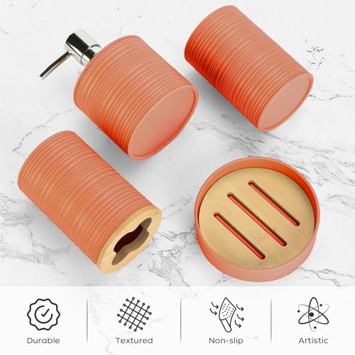 4 PCS Orange Bathroom Accessories Set, Includes a Soap Dispenser, Toothbrush Holder, Soap Dish and Mouthwash Cup, Plastics & Bamboo Bathroom Set, Bohemian Style Bathroom Sink Set - color: Orange, size: 4 PCS