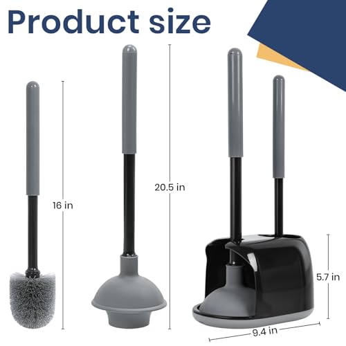 Toilet Bowl Brush and Plunger Set with Toilet Cleaner Brushes and Heavy Duty Plunger Long Handle for Essential Bathroom Scrubber Cleaning