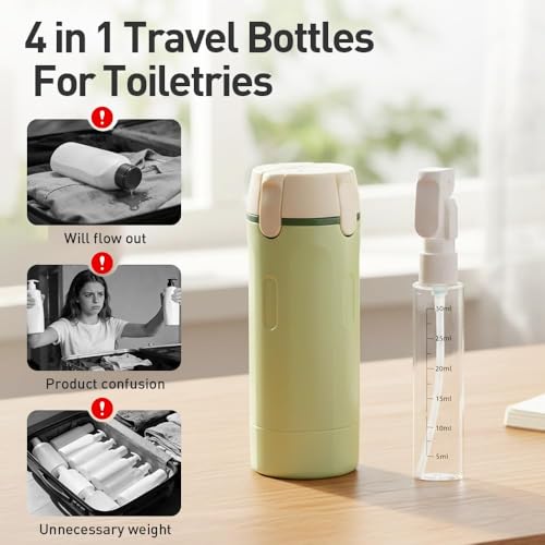HISKI 4-in-1 Travel Bottles for Toiletries Portable Refillable Leakproof Shampoo, Conditioner, Lotion, Cream Containers with Labels & Measuring Scale (2 Pack, White+Green) - color: White+Green