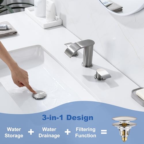 3-in-1 Universal Bathroom Sink Stopper - Brushed Nickel Pop Up Sink Drain Stopper, Brass Bounce Bullet Core Sink Stopper Replacement, Wash Basin Drain Filter Plug with Anti-Clogging Strainer - color: Brushed Nickel, style: Large Cover