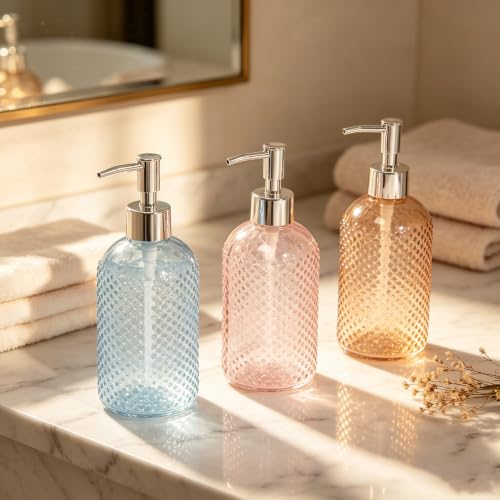 3 Pack Assorted Glass 15 Ounce Lotion Soap Dispenser Bottle with Pump for Bathroom, Kitchen - color: Assorted/15 Oz
