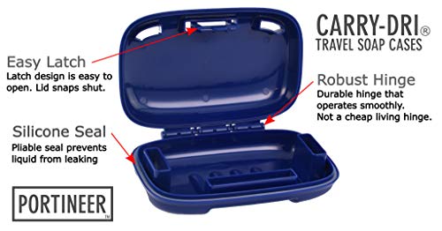 PORTINEER Carry-Dri MAX Bar Soap Holder Box Container - Case Vents Dries Bar And Doesn't Leak - Travel Dish For Home School Gym Travel Hiking - Patented Container Design - Blue
