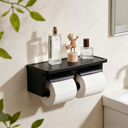 Matte Black Double Toilet Paper Holder with Shelf - Toilet Paper Cutting Function, Toilet Paper Holder Wall Mounted for Bathroom Washroom - color: Abs Black&black, size: Full