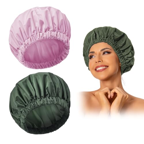 Edoneery Reusable Shower Caps for Women, Waterproof Long Hair Bonnet | Washable Design, Wide Elastic Band, Large Fit, Holds Long Hair, Braids Friendly, Bath Accessories, Spa, Travel - color: Green&Purple
