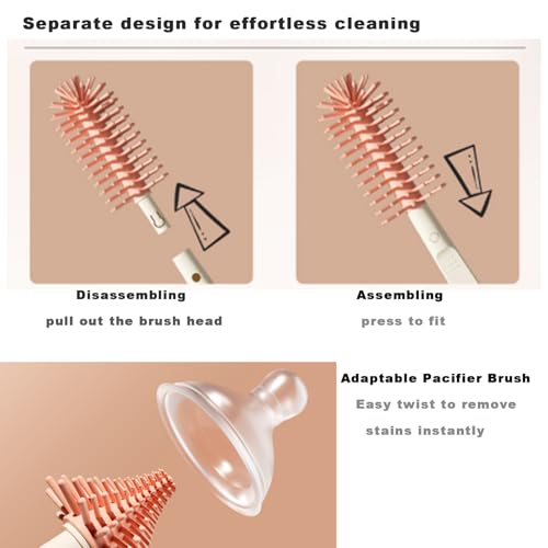 PandaEar Portable Bottle Brush Set with Case, Baby Travel Essential-6 in 1 Bottle Cleaning Tool, Bottle Cleaner Kit with Silicone Brush, Nipple Brush, Straw Brush, Bottle Dispenser, Pink