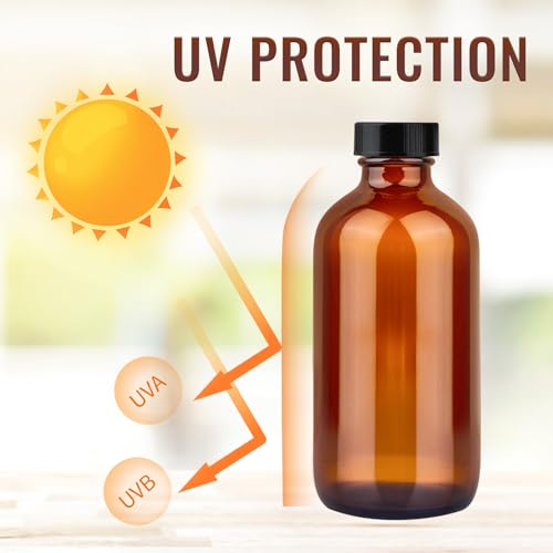 PINIWON 24 Pack 8 oz Amber Glass Bottles, 240ml Boston Round Sample Bottles with Black Poly Cone Caps, Labels and Funnels - color: Amber-24 pack