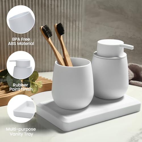 Bathroom Accessories Set, Modern 3 Pcs Bathroom Essentials - Soap Dispenser, Toothbrush Holder & Tray, Countertop Vanity Organizer (White) - color: White