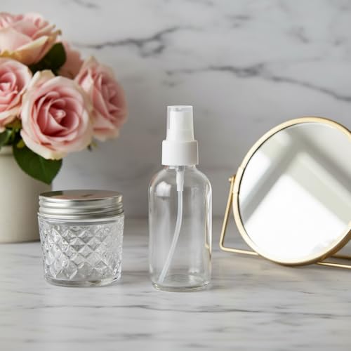 JUVITUS (24 Pack) 4 oz / 120 ml Clear Glass Boston Round Bottle with White Treatment Pump Refillable Empty Storage Containers - size: 24 Pack