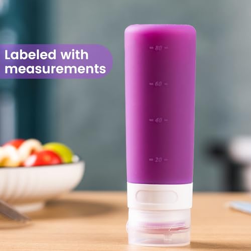 MICEBAY Condiment Squeeze Bottles for Sauces, 3-oz Mini Silicone Salad Dressing Container to Go with Snack Storage Bag, Leakproof Sauce Bottles for Lunch Box, 4 Pack, Purple - color: Purple, size: 3 OZ