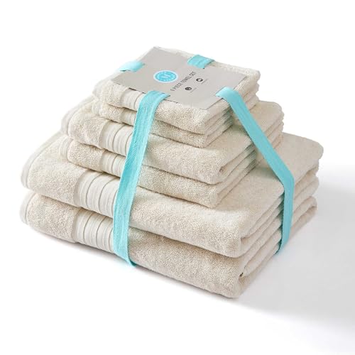 Martha Stewart - Bath Towels, Soft & Absorbent 100% Cotton Towels, Plush 700 GSM, 6-Piece Bathroom Towel Set with Textured Dobby Weave (Skyland Manor Beige) - color: Skyland Manor Beige