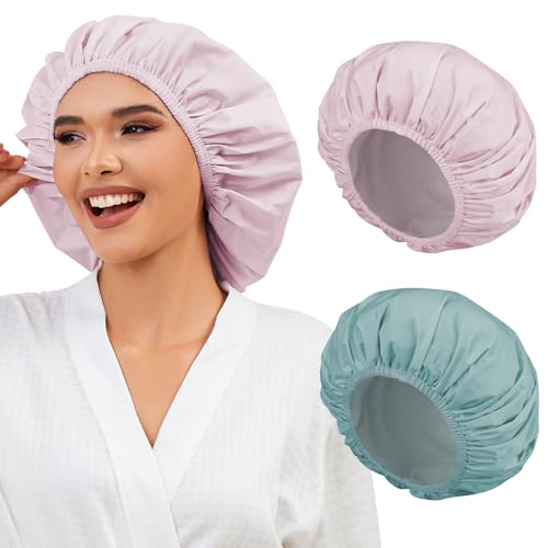 2 Pack Shower Caps for Women, Reusable Waterproof Shower Cap with Elastic Band, Thickened Waterproof Fabric Shower Bonnet for Braids, Long Hair - color: Mist Blue/Lavender