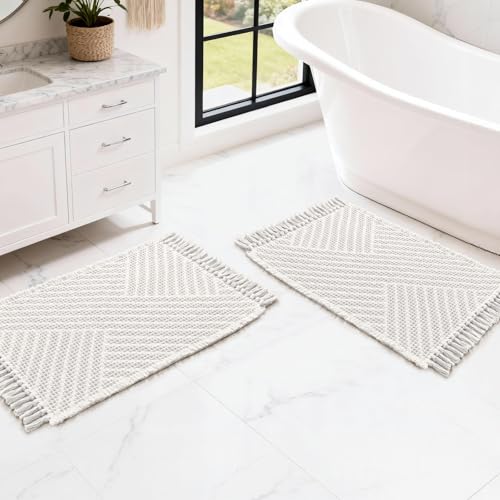 H.VERSAILTEX Waffle Bath Mat Super Absorbent Boho Bath Mat Non Slip Bath Rugs for Bathroom Floor Machine Washable Dry Fast Bathroom Rugs with Tassels (17 x 24 Plus 17 x 24 Inches, Ivory White) - color: Ivory White, size: 17" x 24" Plus 17" x 24"