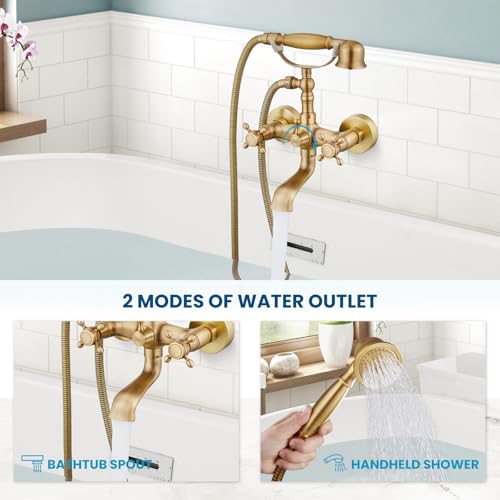 gotonovo Wall Mount Clawfoot Bathtub Faucet with HandHeld Spray and 360° Double Cross Handle Swivel Spout Vintage Tub Shower Faucet Set with Adapter Adjustable Swing Arms Antique Brass - color: Antique Brass