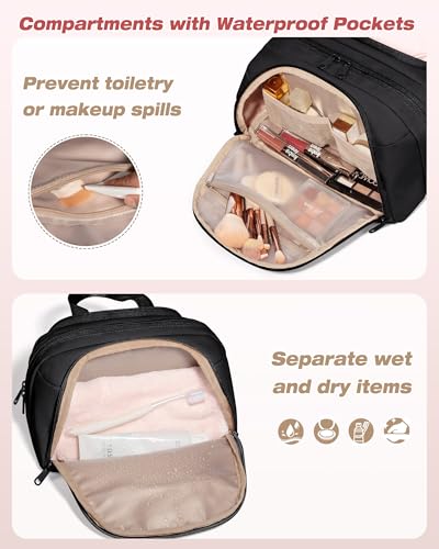 Marscamd ravel Makeup Bag for Women, Lay-Flat Toiletry Organizer, Black | Lay-flat design, waterproof wet & dry pockets, 3-section organization & lightweight carry - color: Black
