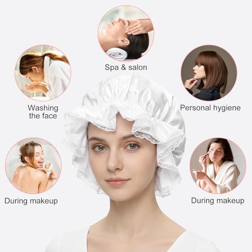 Shower Cap for Women, Reusable Waterproof Shower Cap, White Lace Trim Bath Caps for Long Curly Thick Hair, Hair Caps with Soft Elastic for Showers, Skincare, Cooking, Spa and Travel Use