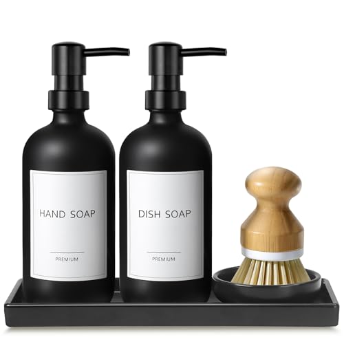 GMISUN Kitchen Soap Dispenser Set, 17 fl oz Dish Soap Dispenser with Ceramic Tray & Bamboo Brush for Kitchen, 2Pcs Matte Black Glass Hand and Dish Soap Dispenser Set, Refillable Soap Bottle Set - color: Black Bottles + Black Pumps