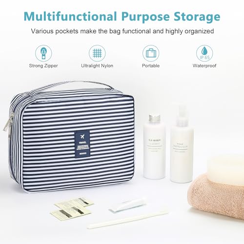 Mossio Hanging Toiletry Bag with Sturdy Hook - Large Portable Cosmetic Makeup Travel Organizer for Men & Women - color: Blue Stripe