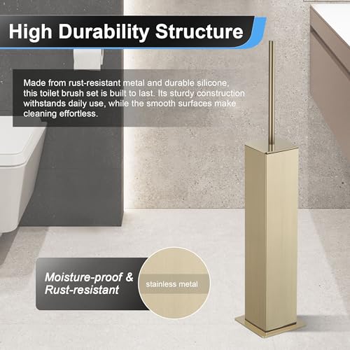 BVL Toilet Brush and Holder Set Brushed Gold Stainless Steel 304 Square Freestanding Toilet Brush for Bathroom - color: Brushed Gold