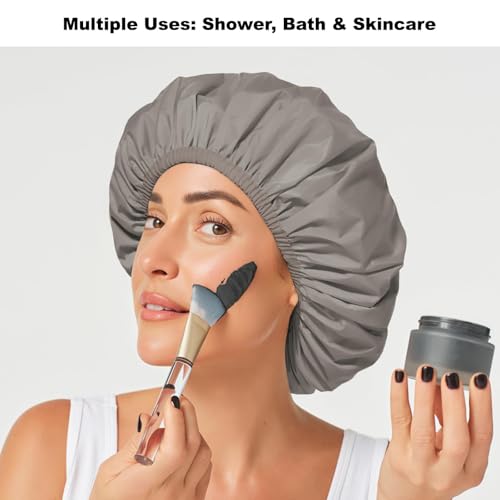 2 Pack Shower Caps for Women, Reusable Waterproof Shower Cap with Elastic Band, Thickened Waterproof Fabric Shower Bonnet for Braids, Long Hair - color: Olive Green/Light Gray